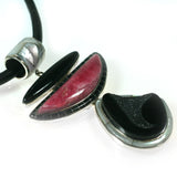 Rhodochrosite and black druzy pendant with inlay by Charveaux