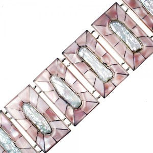 Freshwater pearl belt with pink shell inlay by Kelly Charveaux