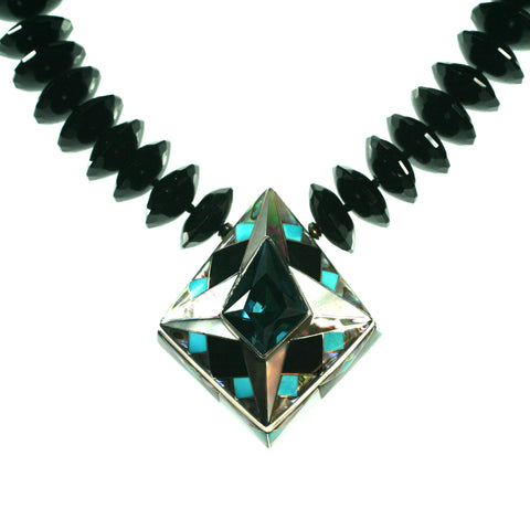 Blue topaz necklace with inlay pattern by Kelly Charveaux