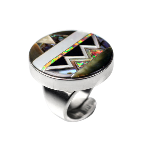 Aztec design inlay ring by Kelly Charveaux