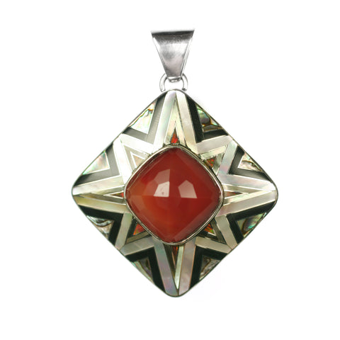 Carnelian pendant with Aztec inlay by Kelly Charveaux
