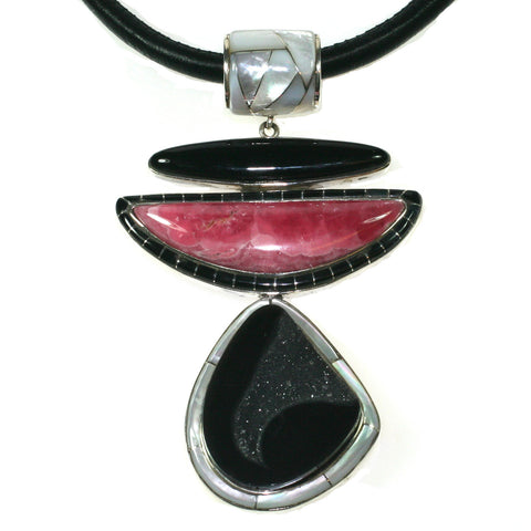 Rhodochrosite and black druzy pendant with inlay by Charveaux