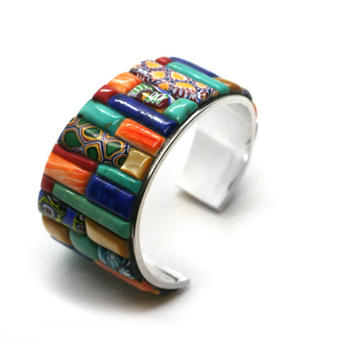 Trade beads as inlay in cuff bracelet by Kelly Charveaux